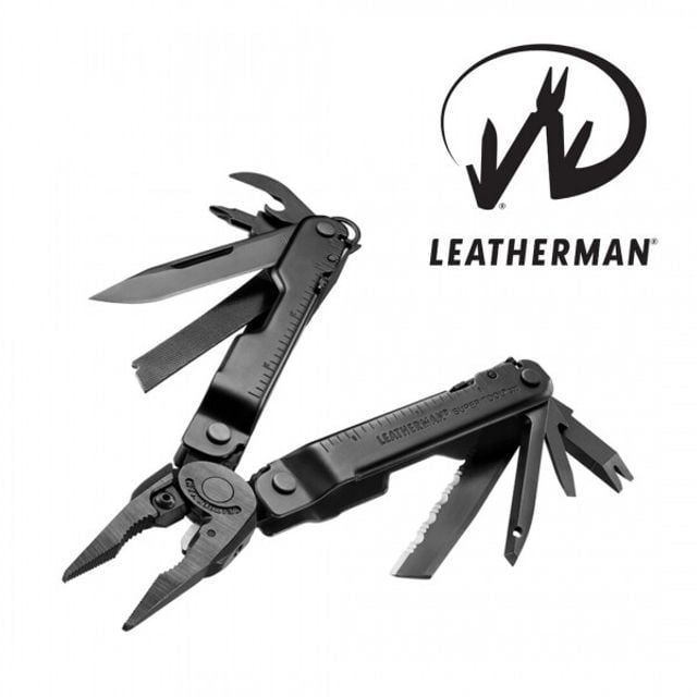 Black Leatherman multi-tool shown open with pliers and blades extended